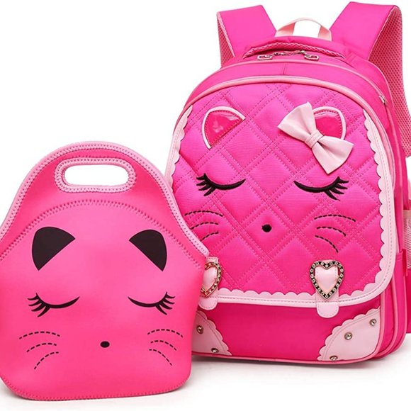 * New Cute Cat Face Bow Diamond Bling Waterproof Pink School Backpack Girls Book - Picture 3 of 15